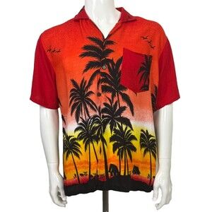 Vintage Hawaiian Aloha Shirt Large Tiki Huts Palms Red Ombre Sunset 80 90s Rayon